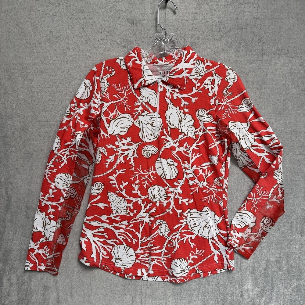 Icikuls Golf Polo Shirt Womens XS Red Seashell Coral Print 1/4 Zip Mesh